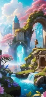 Fantasy landscape wallpaper with castle and vibrant flowers.