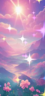 Enchanting fantasy landscape with pinks, purples, and sparkles in a magical mountain scene.