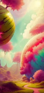 Fantasy landscape with orbs and pink trees in vibrant colors.