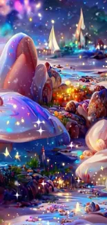 Colorful fantasy landscape with mushrooms and sparkling lights on mobile wallpaper.