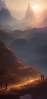 Majestic sunset over fantasy mountains with a solitary walking figure.