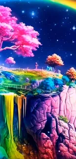 Colorful fantasy landscape with vibrant trees and dreamy skies.