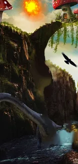Fantasy scene with dinosaur, bridge, and mushrooms.