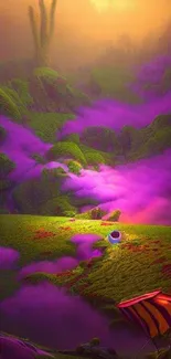 Fantasy landscape with purple mist and green hills mobile wallpaper.