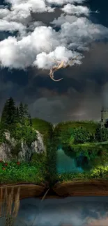 Fantasy landscape with dragon, castle, and open book.