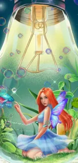 Fantasy scene inside a lightbulb with a red-haired girl and vibrant elements.