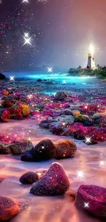 Fantasy lighthouse under a starry sky with glowing rocks on a beach.