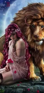 Enchanting wallpaper of woman and lion in fantasy setting.