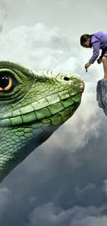 Fantasy scene with giant lizard gazing at child on cliff, dreamy clouds in background.