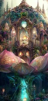 Fantasy palace emerges from glowing lotus flower.