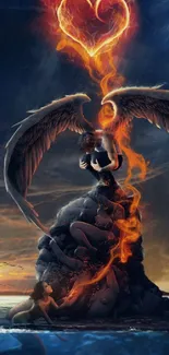 Dark angel embraces beneath a fiery heart in a fantasy scene.