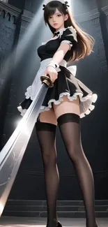 Anime-style maid holding a sword in a castle setting.