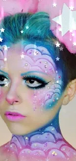 Fantasy makeup art with colorful clouds and stars on vibrant design.