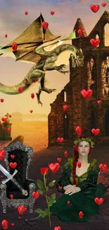 Fantasy scene with dragon, maiden, castle, and hearts.