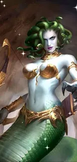 Fantasy art of Medusa as a warrior with serpents in her hair, bow in hand.