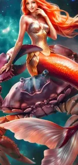 A mermaid with orange hair on a giant crab.
