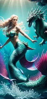 Fantasy wallpaper of a mermaid and dragon underwater.