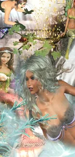 Fantasy wallpaper with mermaids and fairies in an aqua blue setting.