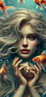 Mystical mermaid with goldfish and seashell in fantasy art.