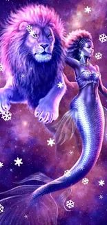 Fantasy wallpaper with mermaid and purple lion in space.