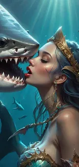 Mermaid facing shark in fantasy art scene.