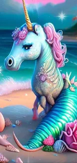 Fantasy art of a mermaid and unicorn by the ocean.