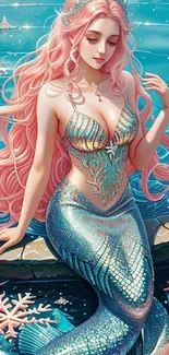 Enchanting mermaid art wallpaper with vibrant blue and pink tones.