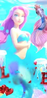 Colorful mermaid and fish in a fantasy underwater scene with aqua blue background.