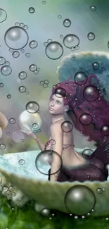 Fantasy wallpaper of a mermaid in a shell with bubbles.