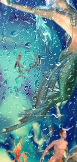 Fantasy wallpaper featuring mermaids and oceanic elements in vivid blue-green tones.