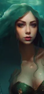 Ethereal mermaid in teal underwater scene mobile wallpaper.