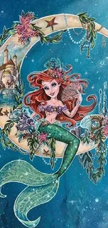 Fantasy mermaid on crescent moon with underwater elements.