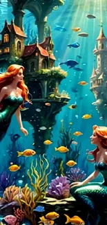 Enchanted underwater scene with mermaids and castles.