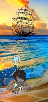 Fantasy mermaid with ship at sunset on a vibrant ocean beach wallpaper.