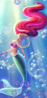 Vibrant mermaid floats in an ocean with bubbles, perfect for fantasy lovers.