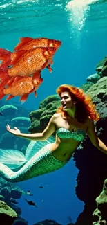 Red-haired mermaid and fish in vibrant underwater scene.