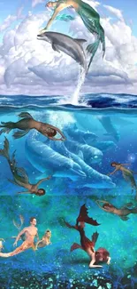 Fantasy ocean wallpaper with mermaids and dolphin.