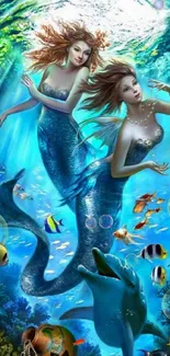 Fantasy mermaids swimming in a colorful underwater ocean scene with vibrant marine life.