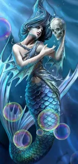 A fantasy mermaid with vibrant blue hues and bubbles under the ocean.