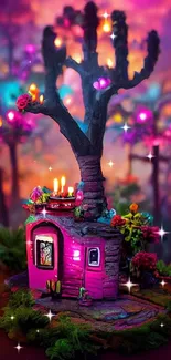 Whimsical miniature treehouse with glowing lights in fantasy art style.