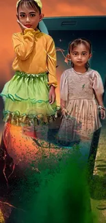 Fantasy children emerging from phone with vibrant colors.