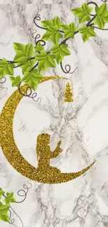 Golden crescent moon on marble with vines wallpaper.