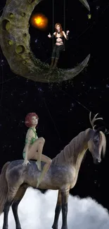 Fantasy scene with moon, horse, and mystical character on a mobile wallpaper.