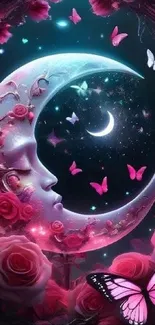 Mystical crescent moon with pink roses and butterflies.