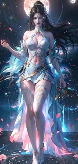 Fantasy goddess under moonlit sky with vibrant, flowing attire and elegant patterns.