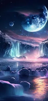 Fantasy moonlit landscape with icy mountains and glowing water.