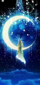 Fantasy figure on crescent moon with stars.