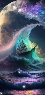 A ship sails through majestic waves under a fantasy moonlit sky, vibrant and mystical.