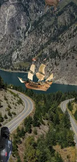 Fantasy flying ship over mountain road scenery.