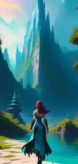 Woman walking towards a mystical fantasy mountain landscape.